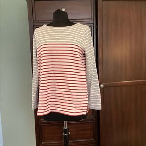 L.L. Bean Boat Neck Heavy Cotton Gray and White Striped Long Sleeve Top EUC